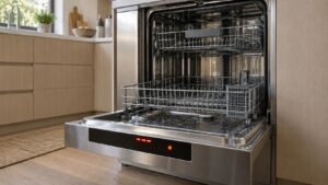 An open stainless steel dishwasher drawer in a kitchen cabinet with an error code lit on its front control panel