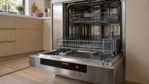 An open stainless steel dishwasher drawer in a kitchen cabinet with an error code lit on its front control panel
