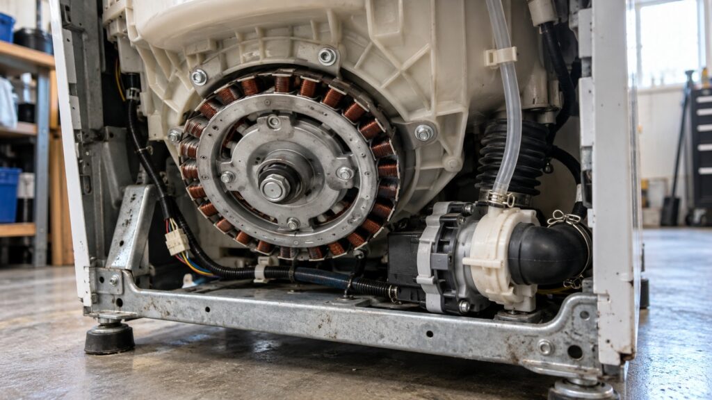 The underside of a top-load washer showing the round direct-drive stator, the drain pump and a clear pressure tube running up the housing