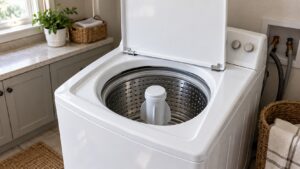 A white top-load washing machine with its lid open in a laundry room, the stainless bowl and central agitator visible from above