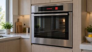 A built-in stainless steel wall oven in a kitchen cabinet with a fault code lit on its dark glass control display