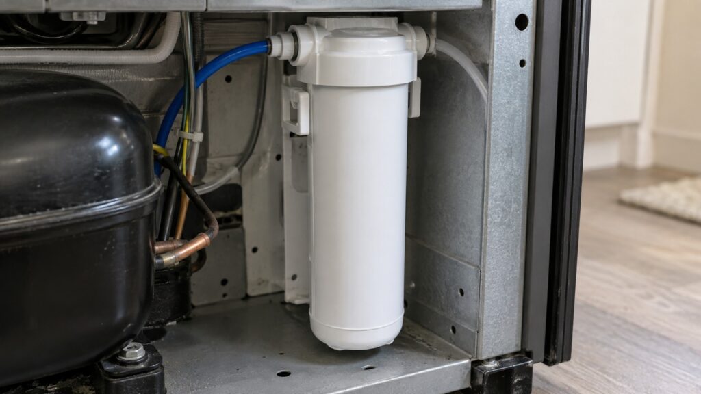 A cylindrical refrigerator water filter cartridge seated in its housing with the supply tubing running behind it