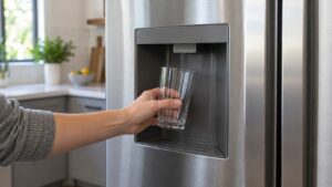 A glass held under the water dispenser recess in the door of a stainless steel refrigerator with no water coming out