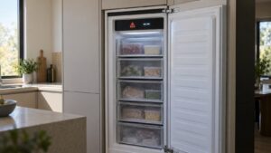 A tall integrated column freezer with an alarm icon and a temperature reading lit on its interior control panel