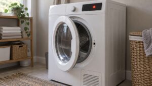 A front-loading dryer with its door slightly ajar in a laundry room and a fault code lit on the control panel