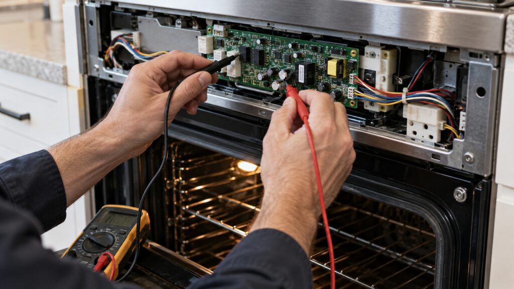 A technician's hands holding a multimeter probe near an open oven control panel, testing a circuit board