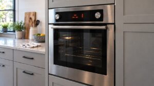 A built-in stainless steel wall oven with an unreadable fault code glowing on its control display, kitchen setting