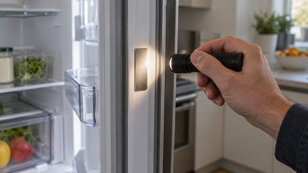 A hand holding a flashlight to illuminate a small rating plate on the inside edge of an open refrigerator door frame