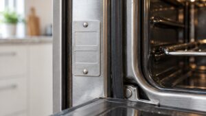A close-up of a metal rating plate with a model and serial number printed on it, mounted inside a kitchen appliance door frame