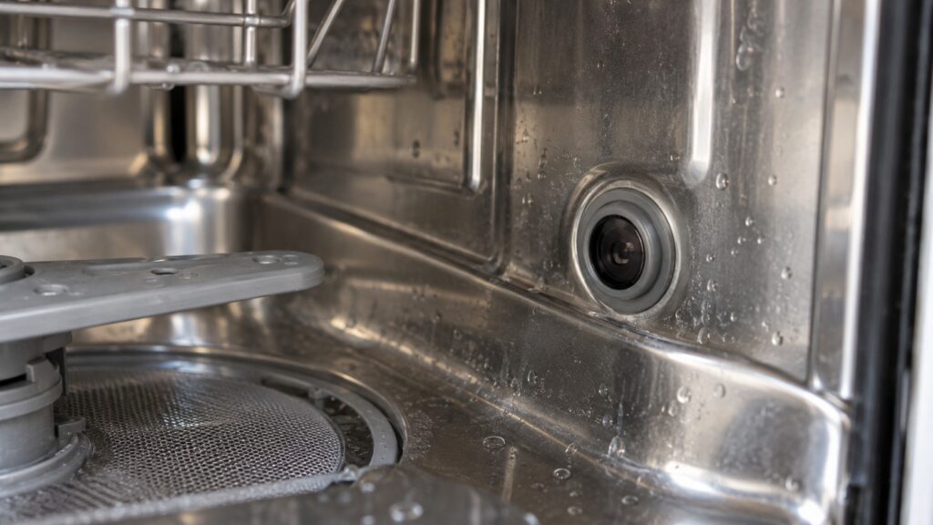 A close-up of a small sensor lens mounted on the interior wall of a dishwasher tub, near the base