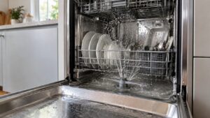 An open built-in dishwasher mid-cycle with visible spray from the lower spray arm, water slightly cloudy, kitchen setting