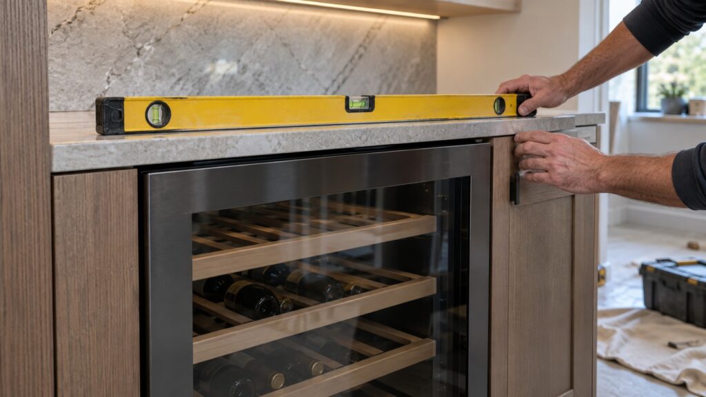 A carpenter's level placed on top of a wine refrigerator cabinet during installation, checking it sits flat