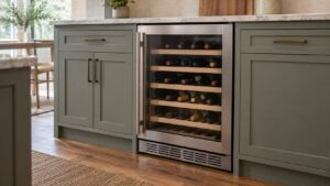 A built-in wine refrigerator installed under a kitchen counter with a glass door, bottles visible inside, cabinetry around it