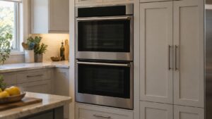 A pair of built-in double wall ovens stacked in kitchen cabinetry, both doors closed