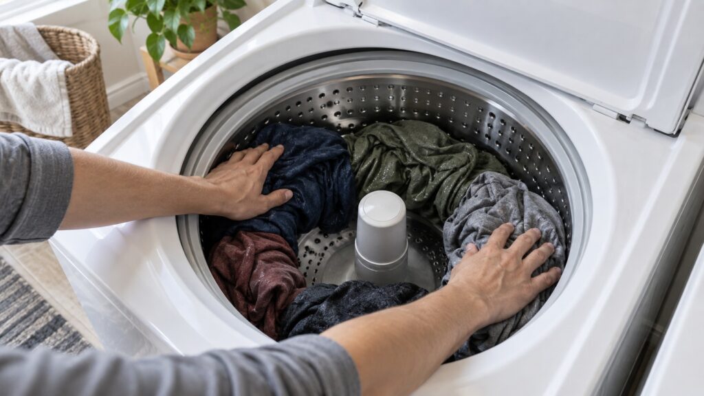 Hands evenly distributing wet laundry around the drum of a top-load washing machine before starting the spin cycle
