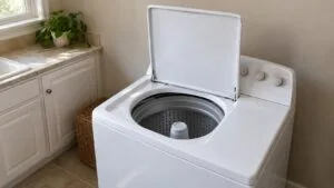 A top-load washing machine with its lid open, showing an empty wash drum inside