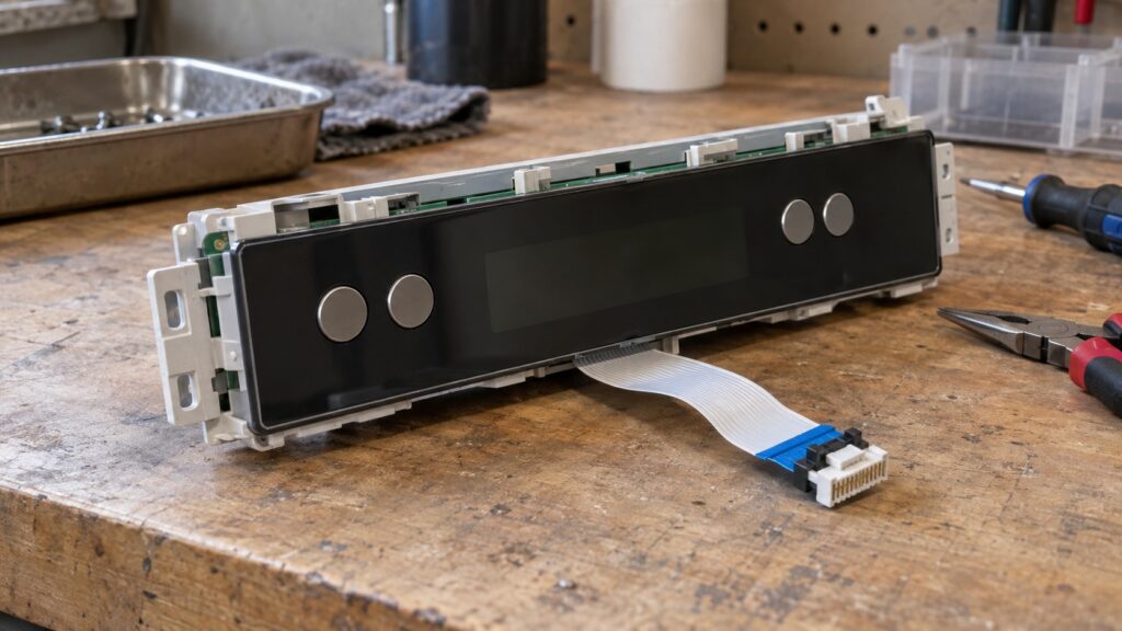 A removed refrigerator control display panel on a workbench with a ribbon cable connector visible