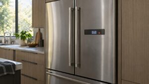A built-in refrigerator with an unreadable fault code and a small flashing indicator on its front display panel