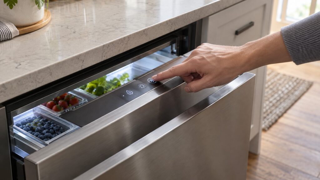 A hand pressing a mode selection button on the control panel of an under-counter drawer refrigerator