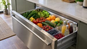 An open under-counter refrigerator drawer filled with fresh produce and beverages in a modern kitchen