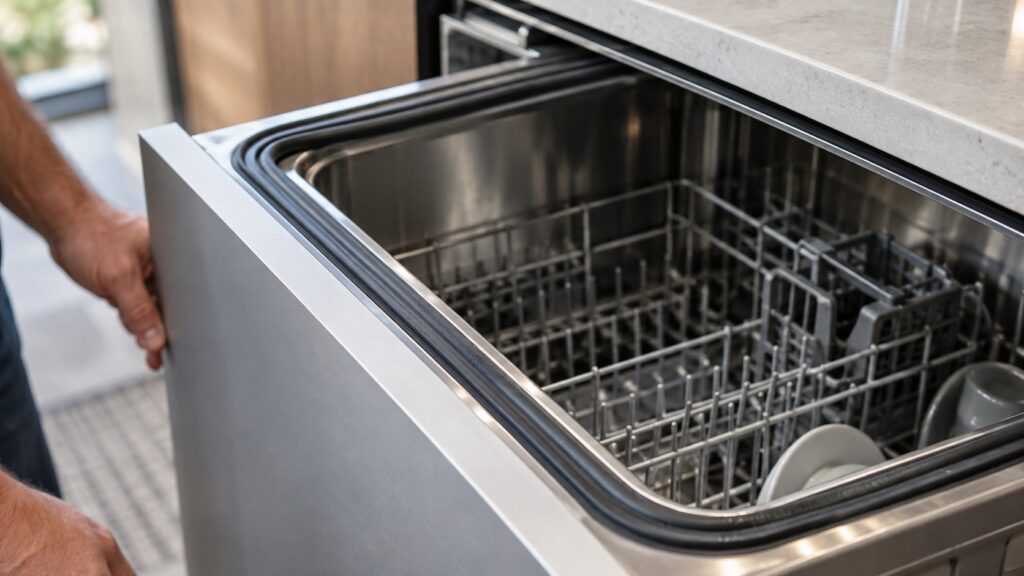 A close view of the sealing edge around the open top of a dishwasher drawer