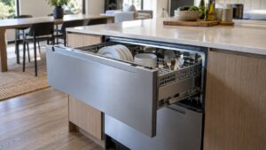 A double drawer dishwasher built into a kitchen island with the upper drawer pulled open
