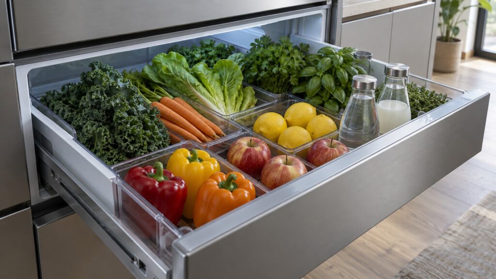 An open refrigerated kitchen drawer holding neatly arranged produce and bottles