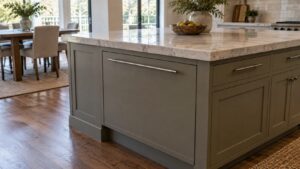 A refrigerated drawer built into a kitchen island below a stone countertop with its panel front closed