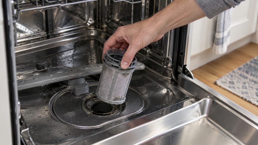A hand lifting the cylindrical filter out of the bottom of a dishwasher drawer