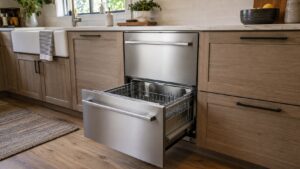 A double drawer dishwasher in a kitchen run with the lower drawer open and the upper one closed