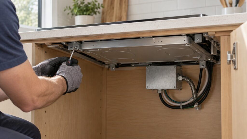 An open cabinet below a countertop cutout showing the cooktop underside and its wiring