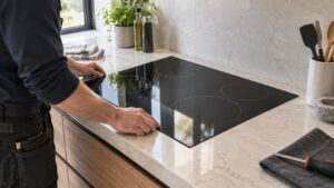 A black glass induction cooktop set flush into a pale stone countertop in a bright kitchen