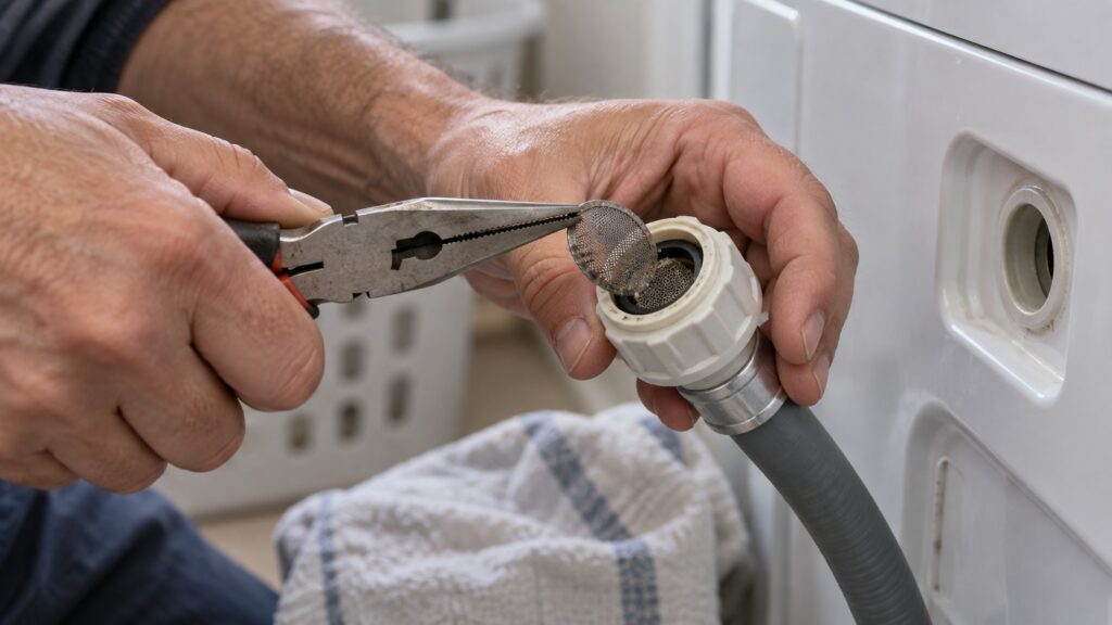 A fine mesh screen being lifted out of a washing machine inlet hose fitting with pliers