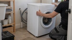 A white front load washing machine pulled forward from the wall in a utility room