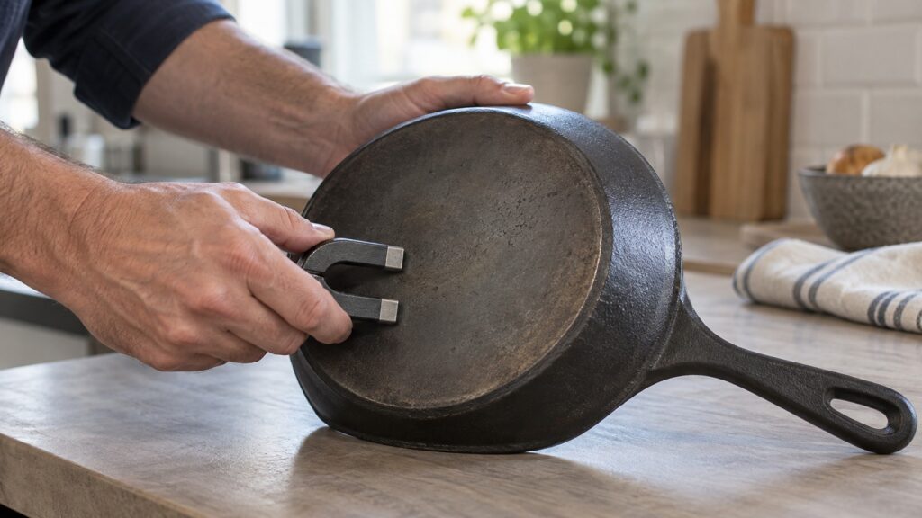 A magnet being held against the flat base of a heavy frying pan on a countertop