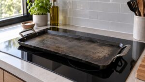 A long rectangular griddle pan sitting across two cooking areas on a black induction cooktop