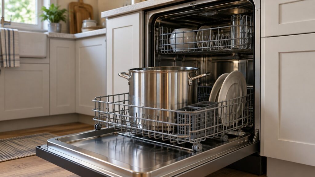 A conventional built-in dishwasher standing open with a tall stockpot loaded in the lower basket
