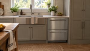 A kitchen run with a double drawer dishwasher on one side of the sink and cabinets on the other