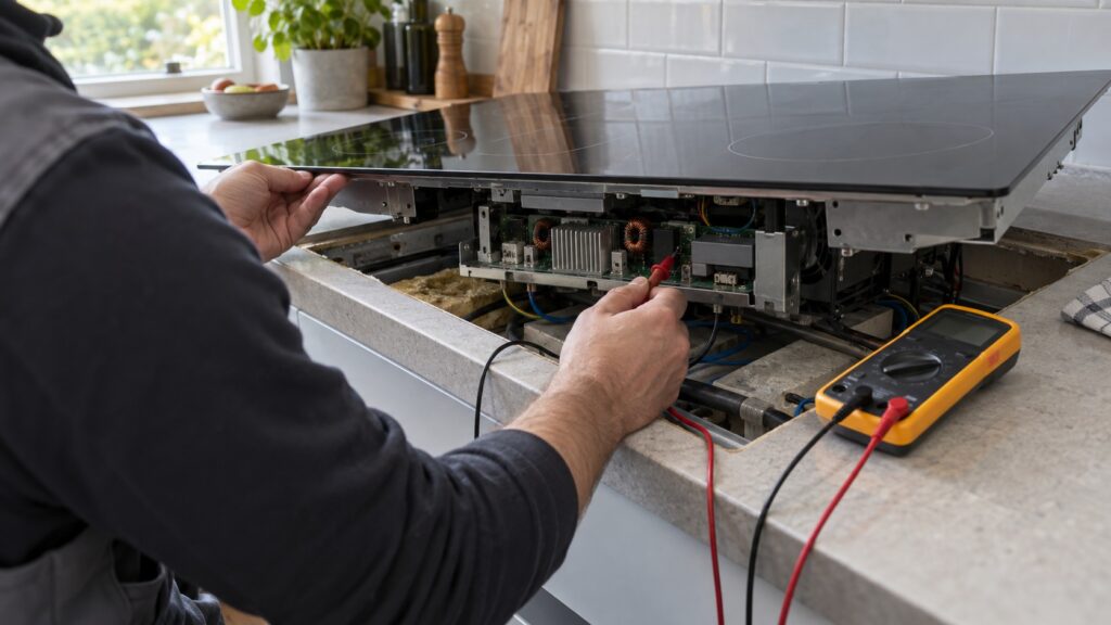 A technician holding a multimeter probe near the electronics beneath a lifted induction cooktop