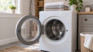A clothes dryer with its door open in a laundry room and a stack of folded towels on top