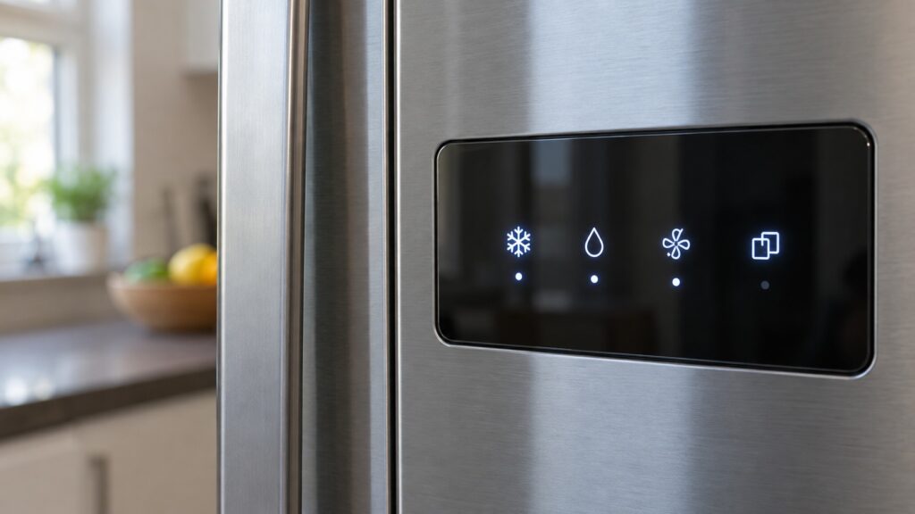 A close-up of a refrigerator control panel with several small illuminated icons and no text