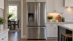 A stainless steel French door refrigerator in a kitchen with its touch control panel softly lit