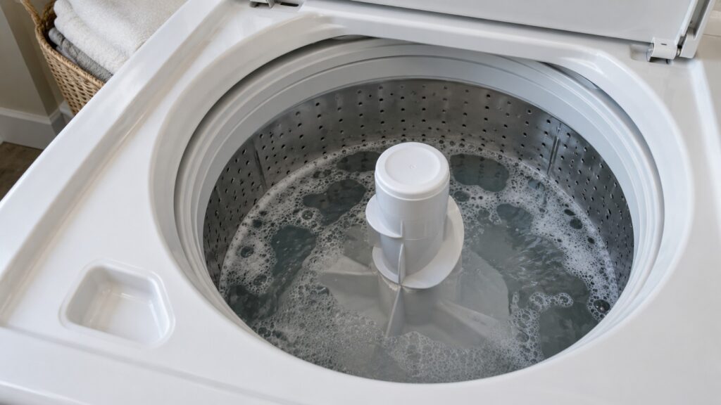 Inside a top-loading washer bowl showing the agitator and a thin layer of foam on the water