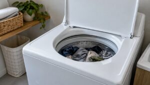 A top-loading washer with its lid open and a half-filled basket of wet laundry