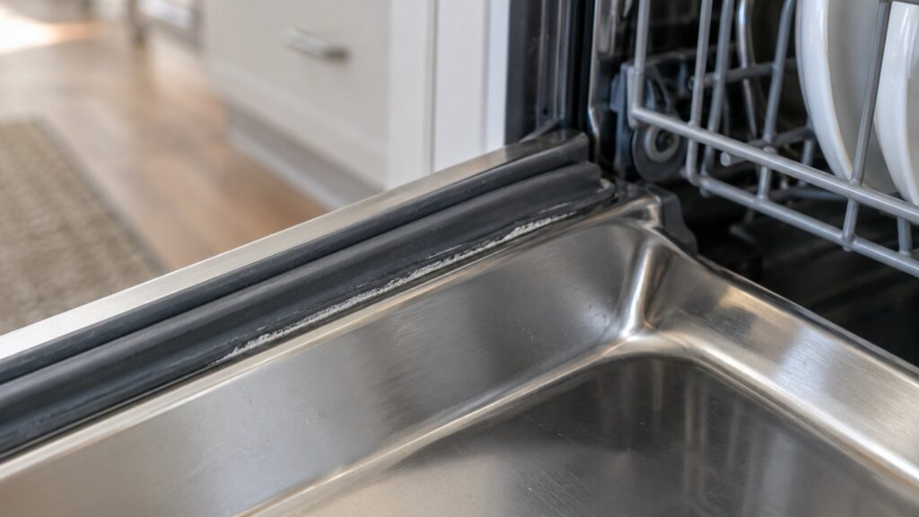 The rubber seal and tub rim of an open dishwasher drawer showing a thin line of residue