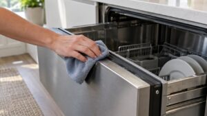 A hand wiping the rubber seal around the opening of a slide-out dishwasher drawer with a damp cloth