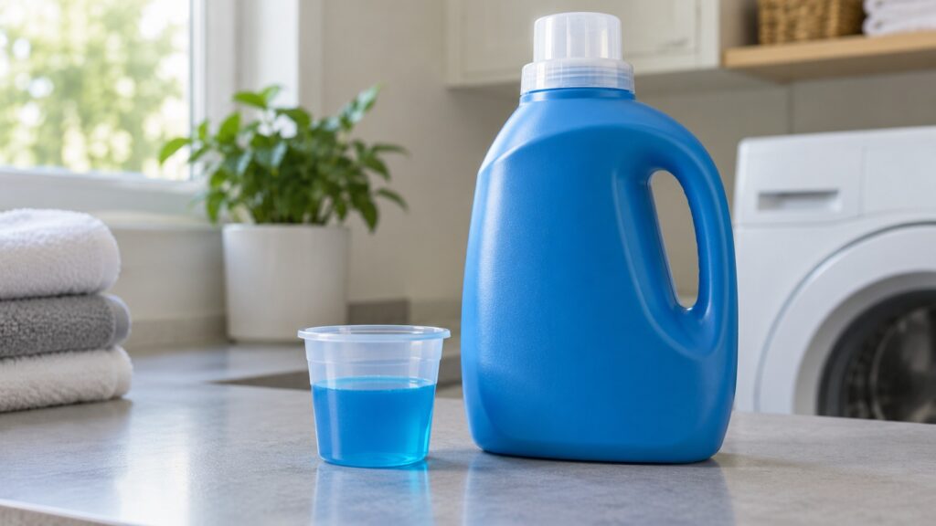A measuring cup with a level line beside a bottle of high-efficiency laundry detergent