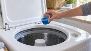 A measuring cap of liquid detergent held above the open lid of a top-loading washer