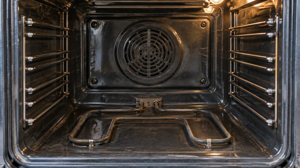 The inside of a built-in electric oven showing the lower element and rack guides