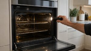 A built-in wall oven with its door open and a hand holding a small flashlight toward the cavity